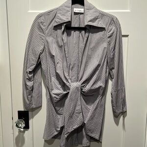 3 Sisters Tie-front draped 3/4 sleeved shirt, gray and white striped.